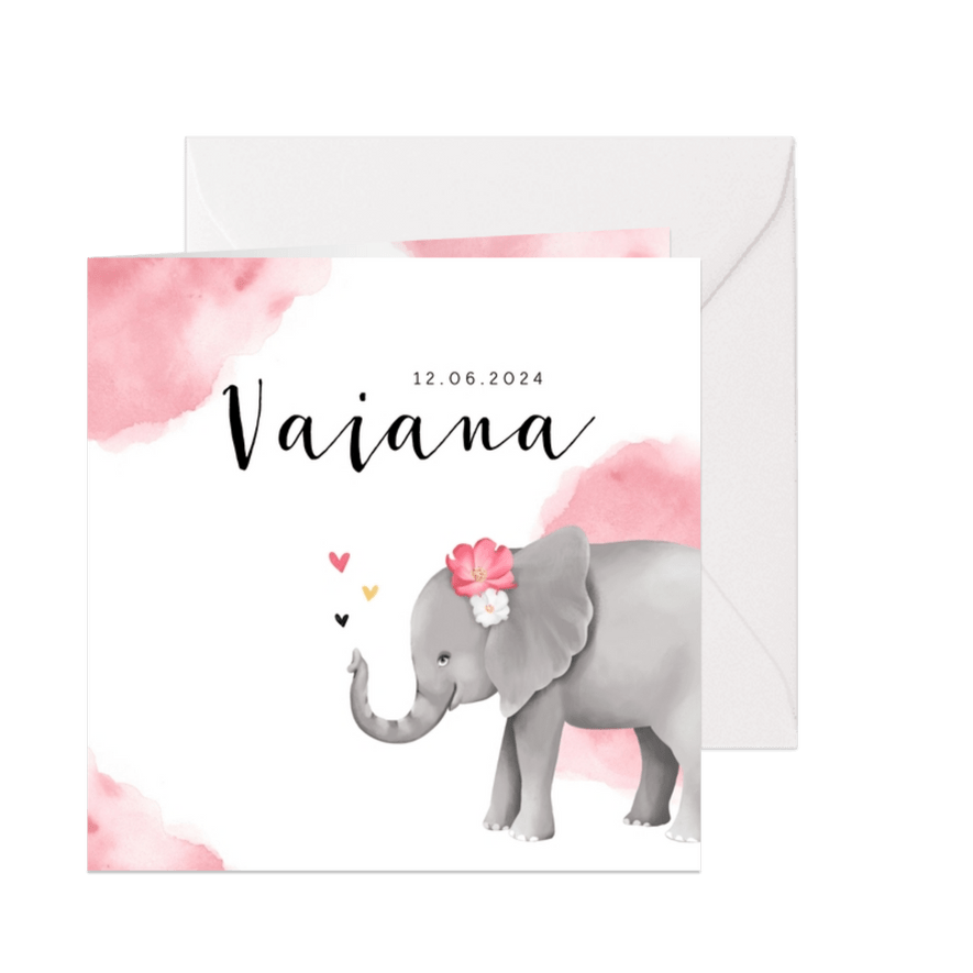 Geboortekaartje meisje lief olifant watercolor hartjes - Kaartimpressie