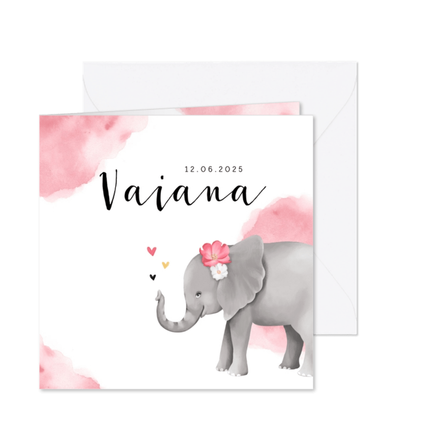 Geboortekaartje meisje lief olifant watercolor hartjes - Kaartimpressie