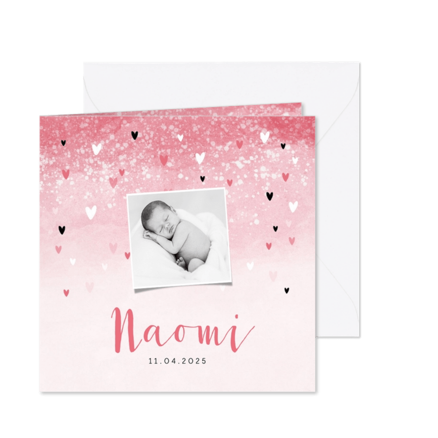 Geboortekaartje meisje lief roze waterverf hartjes - Kaartimpressie
