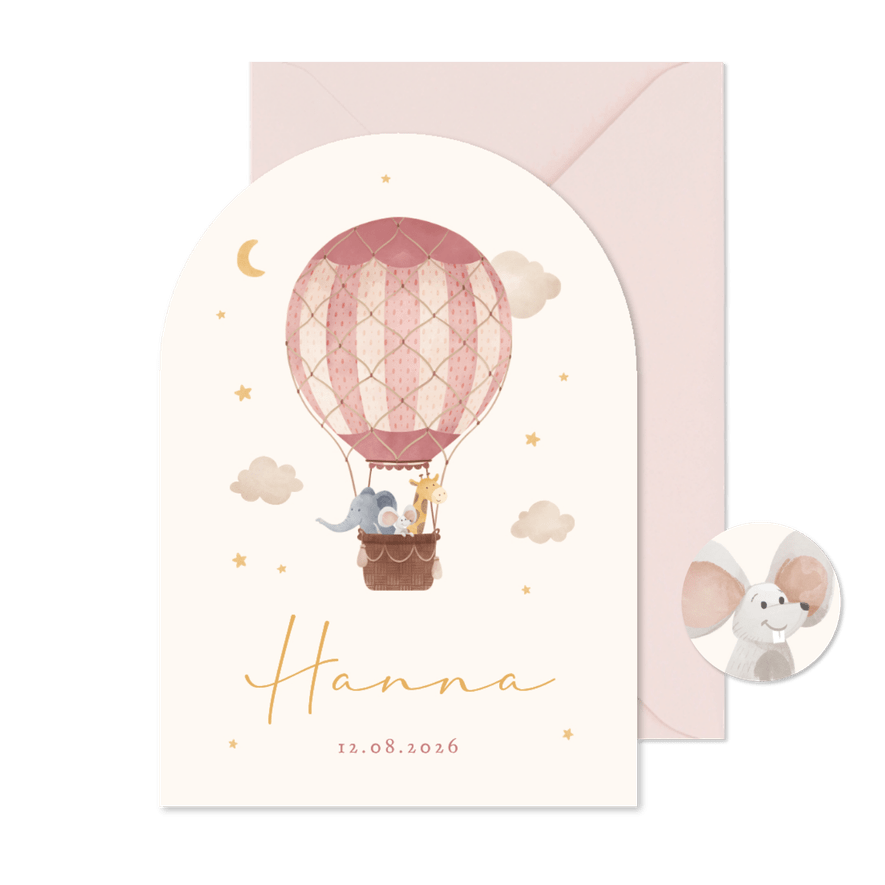 Geboortekaartje meisje luchtballon wolken dieren met boog - Kaartimpressie