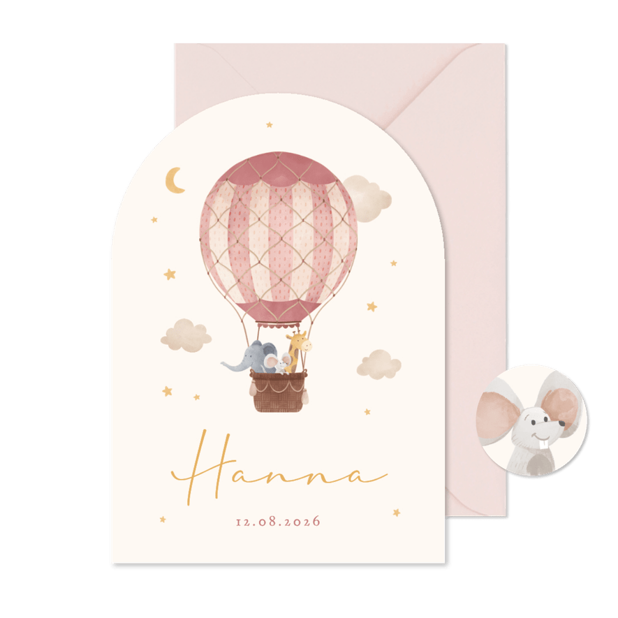 Geboortekaartje meisje luchtballon wolken dieren met boog - Kaartimpressie