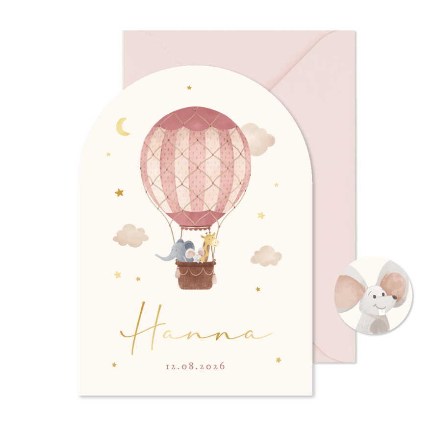 Geboortekaartje meisje luchtballon wolken dieren met boog - Kaartimpressie