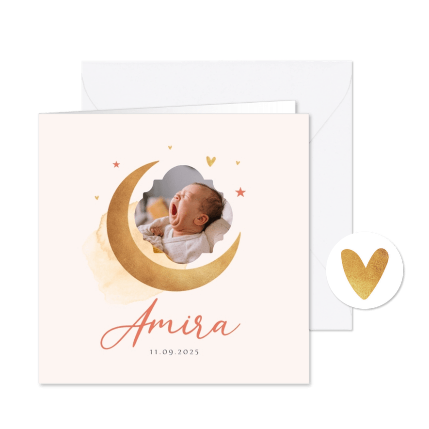 Geboortekaartje meisje maan sterren foto waterverf - Kaartimpressie