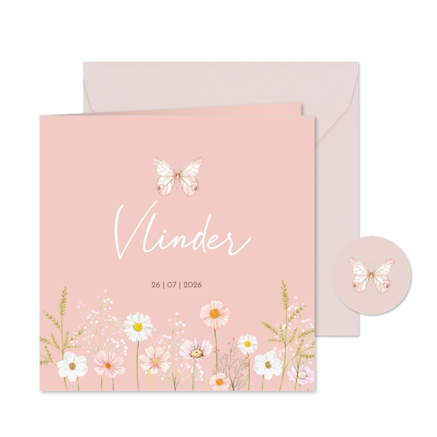 Geboortekaartje meisje met bloemen en vlinder - Kaartimpressie
