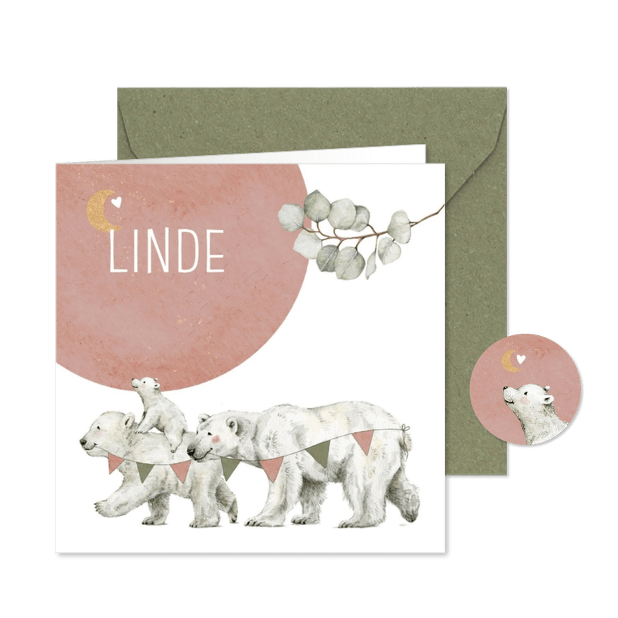 Geboortekaartje meisje met drie ijsbeertjes onder de maan - Kaartimpressie