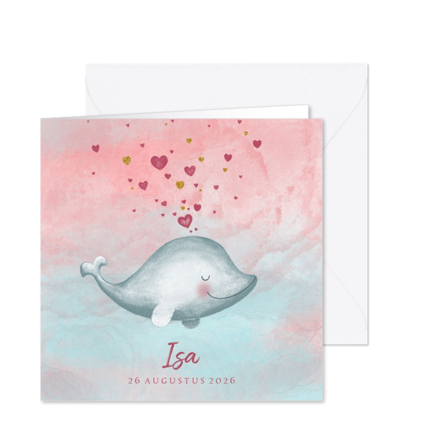 Geboortekaartje meisje met een lief dolfijntje met hartjes - Kaartimpressie