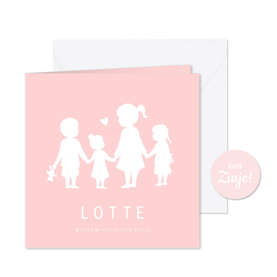 Geboortekaartje meisje met een silhouet van 4 kinderen - Kaartimpressie