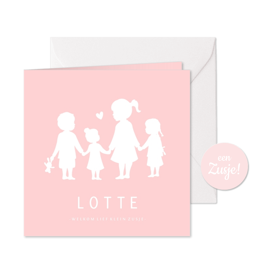 Geboortekaartje meisje met een silhouet van 4 kinderen - Kaartimpressie