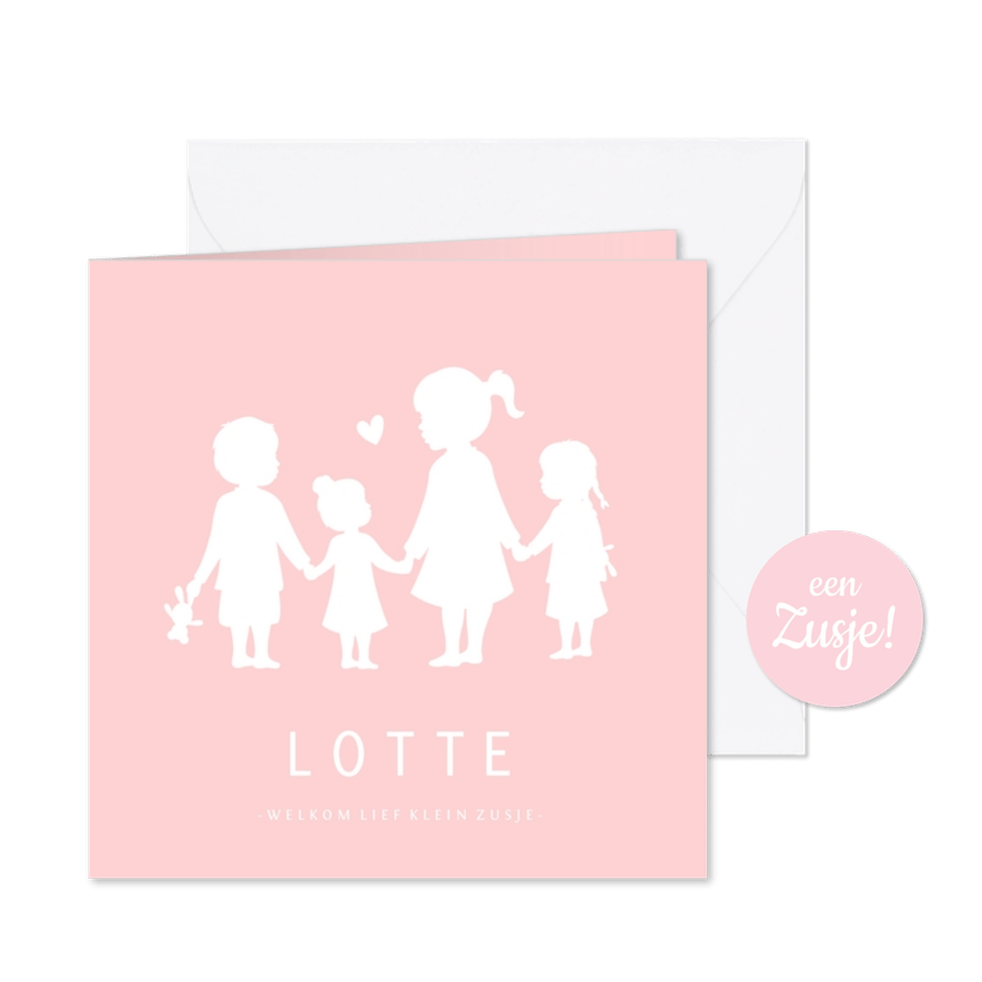 Geboortekaartje meisje met een silhouet van 4 kinderen  - Kaartimpressie