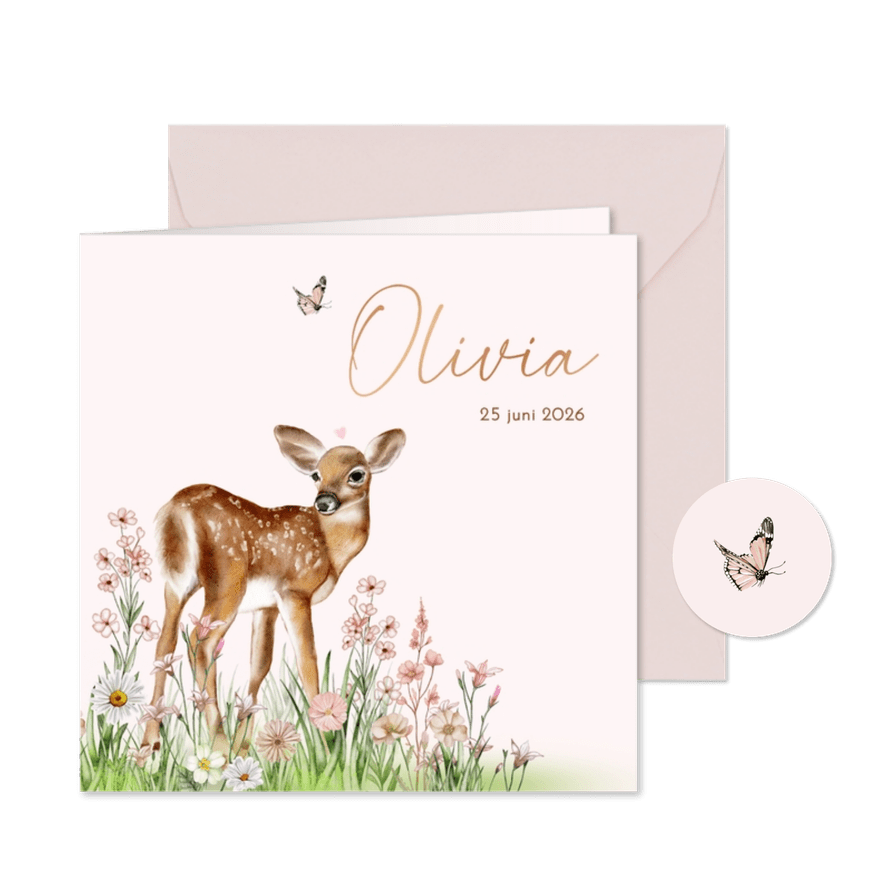 Geboortekaartje meisje met hertje tussen bloemetjes - Kaartimpressie