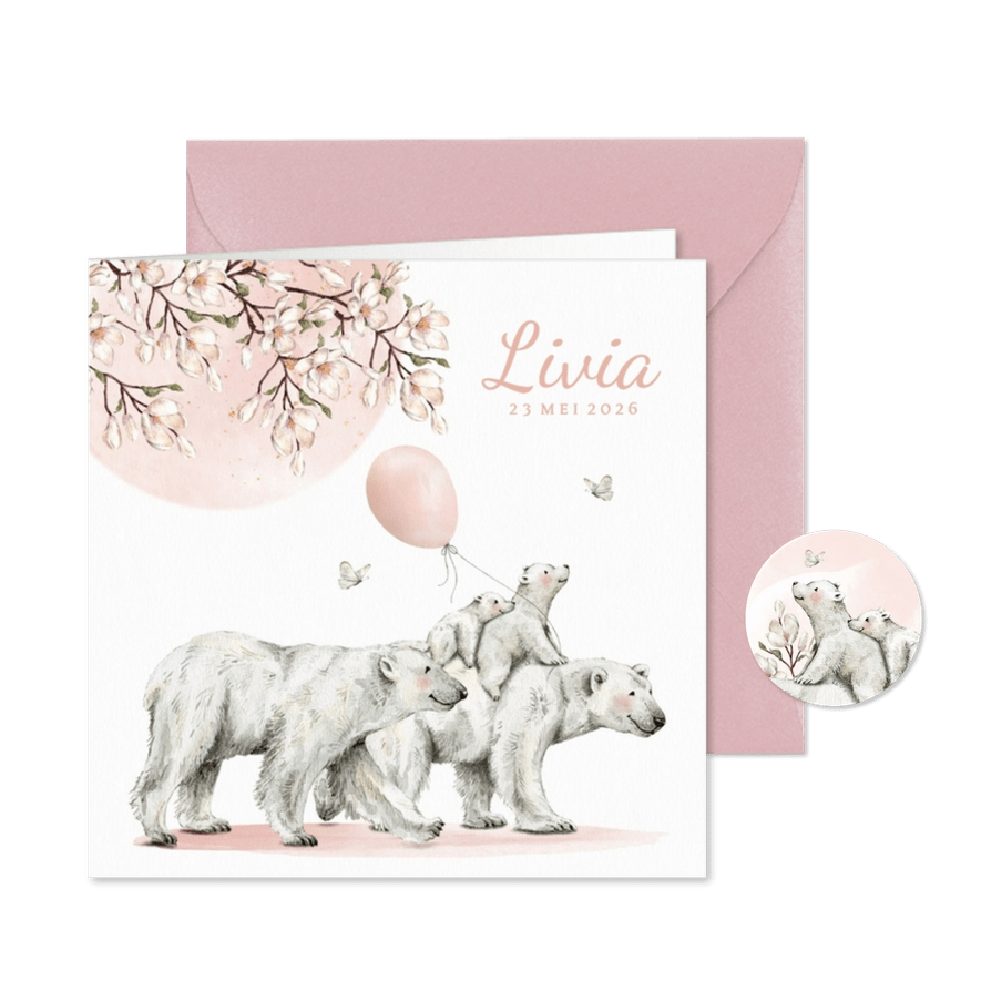 Geboortekaartje meisje met ijsbeer familie onder de zon - Kaartimpressie