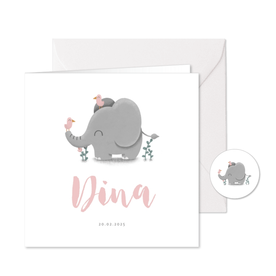 Geboortekaartje meisje met lieve olifant en vogeltjes - Kaartimpressie