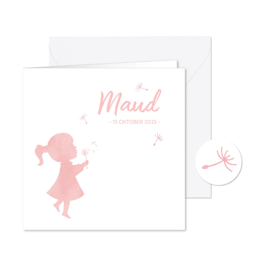 Geboortekaartje meisje met paardenbloem waterverf silhouet - Kaartimpressie