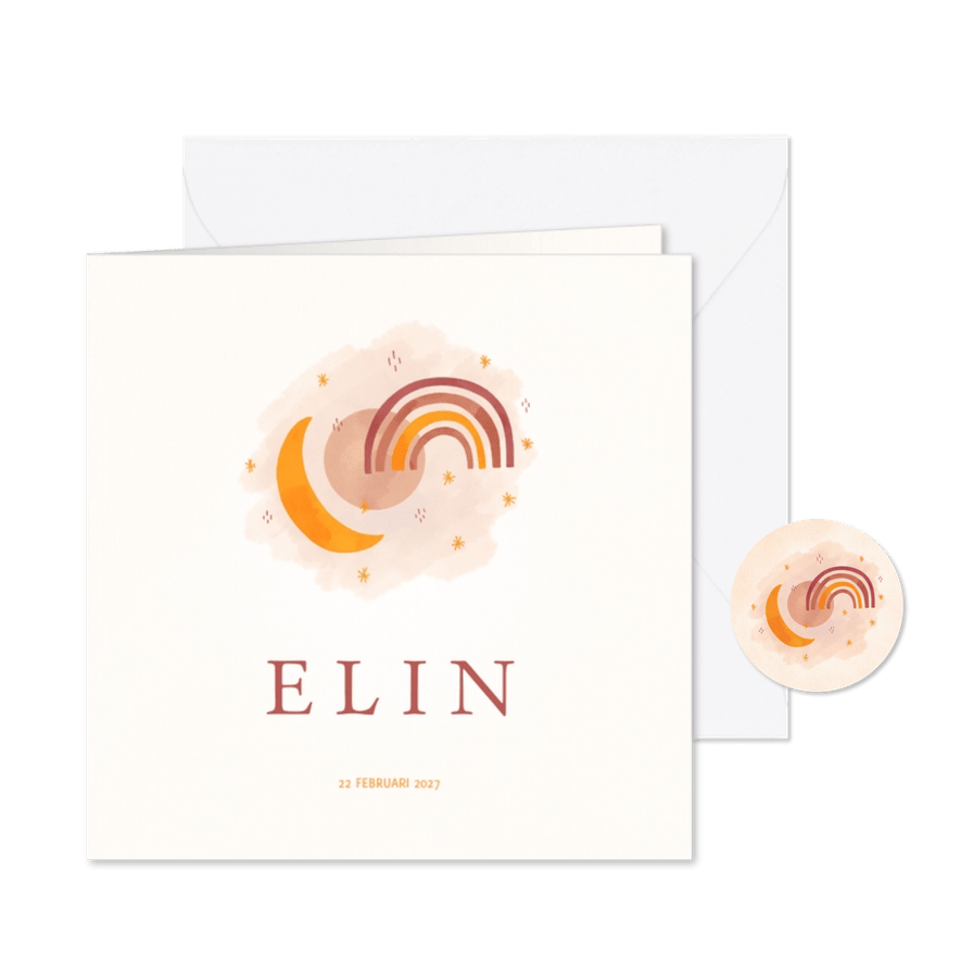 Geboortekaartje meisje met regenboogje, maan en sterretjes - Kaartimpressie