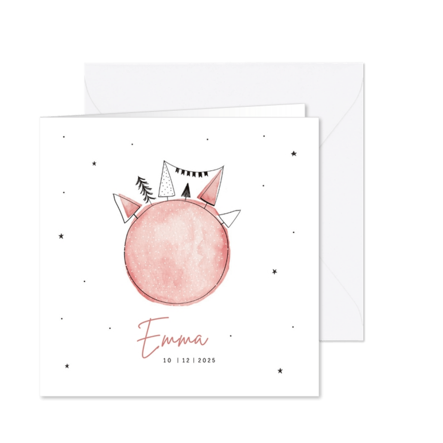 Geboortekaartje meisje met roze wereldbol - Kaartimpressie