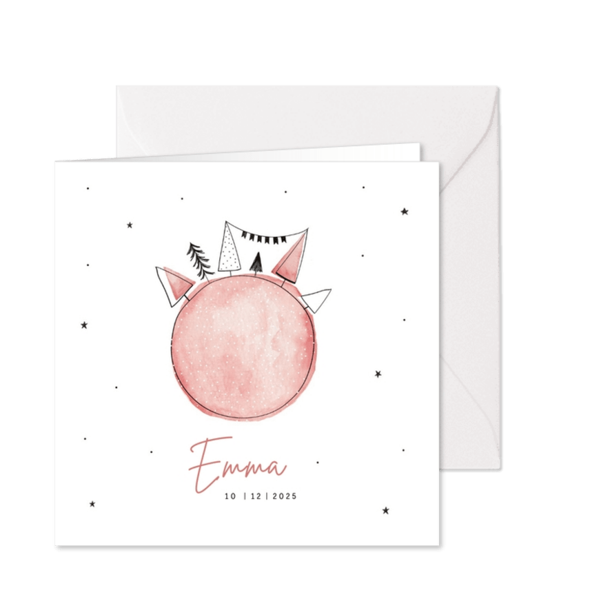 Geboortekaartje meisje met roze wereldbol - Kaartimpressie