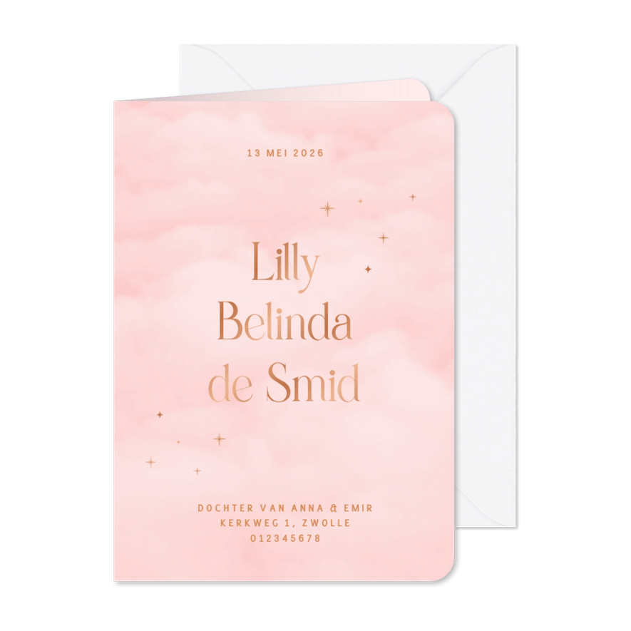 Geboortekaartje meisje met roze wolken en volledige naam - Kaartimpressie