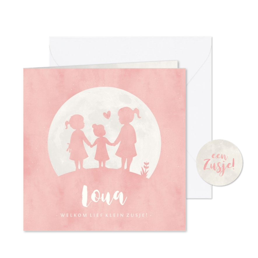 Geboortekaartje meisje met silhouet van 3 zusjes in maan - Kaartimpressie