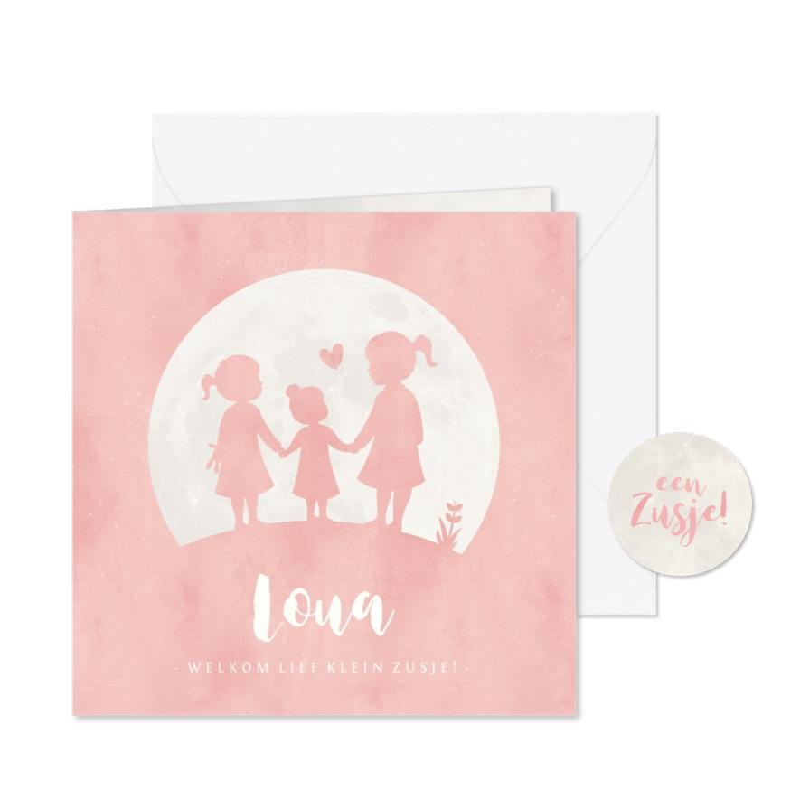 Geboortekaartje meisje met silhouet van 3 zusjes in maan - Kaartimpressie