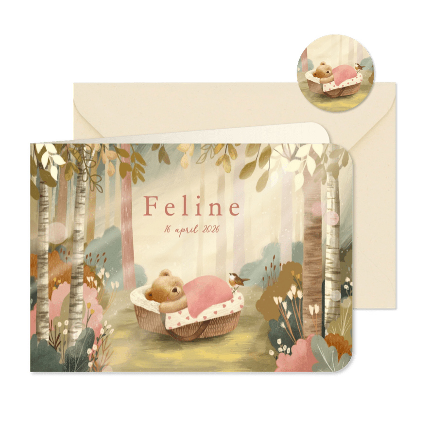 Geboortekaartje meisje met slapend beertje in het bos - Kaartimpressie