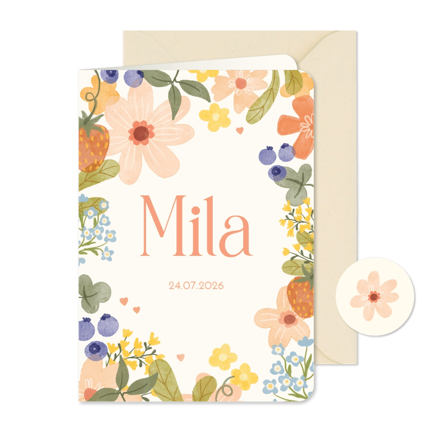 Geboortekaartje meisje met vrolijke bloemen - Kaartimpressie