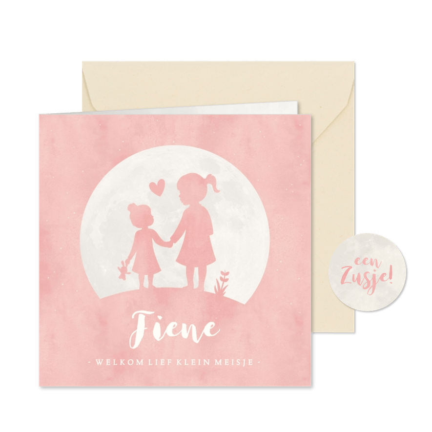 Geboortekaartje meisje met zusje hand in hand in volle maan - Kaartimpressie
