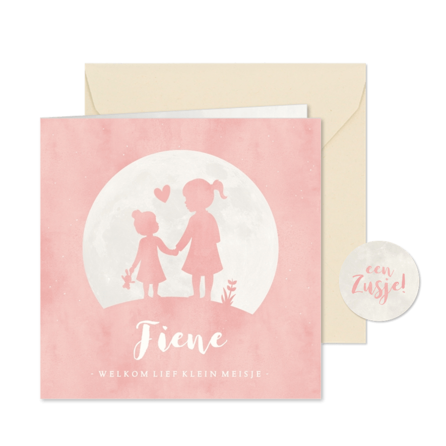 Geboortekaartje meisje met zusje hand in hand in volle maan - Kaartimpressie