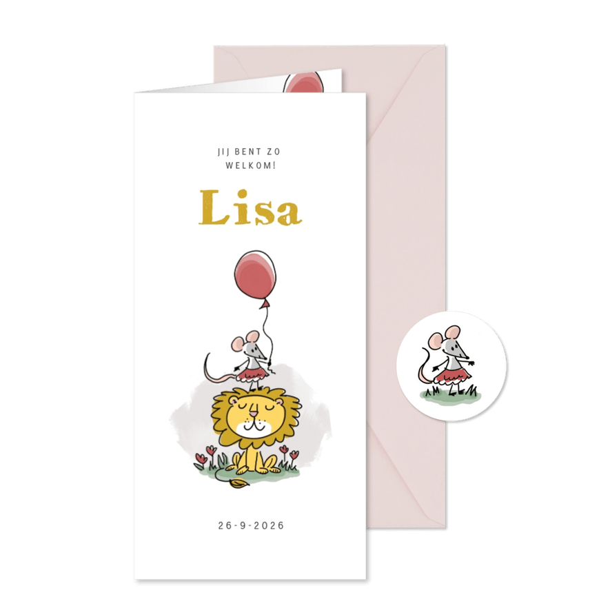 Geboortekaartje meisje muisje met ballon en leeuw - Kaartimpressie