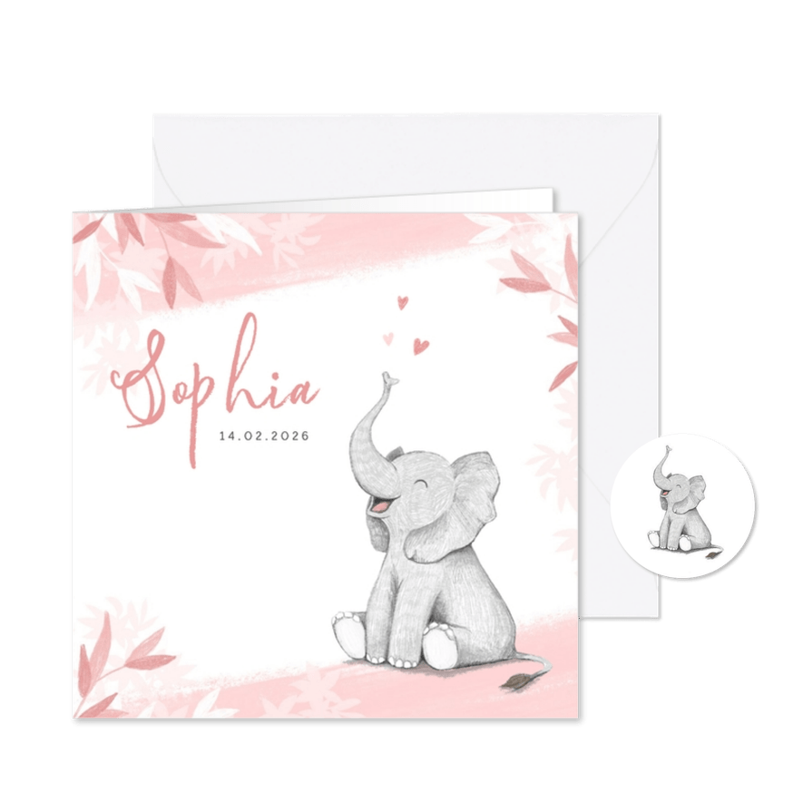 Geboortekaartje meisje olifant dieren roze illustratie - Kaartimpressie