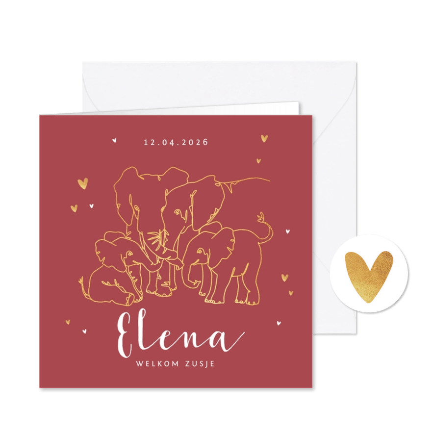 Geboortekaartje meisje olifant dieren zusje broertje goud - Kaartimpressie
