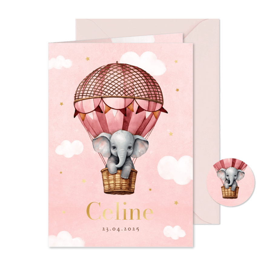 Geboortekaartje meisje olifant luchtballon wolken sterren - Kaartimpressie