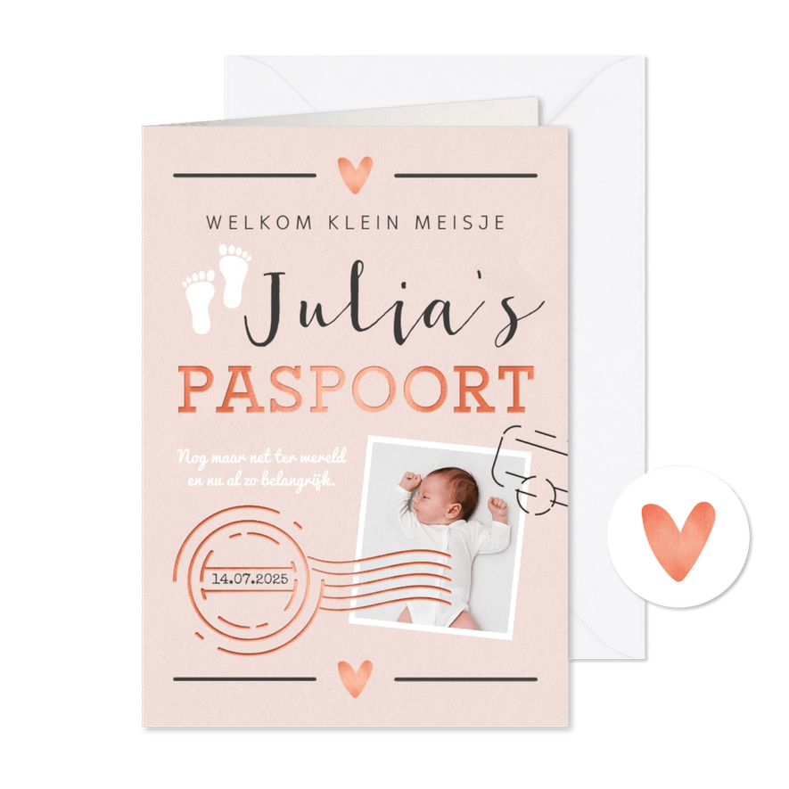 Geboortekaartje meisje paspoort made with love stempels - Kaartimpressie