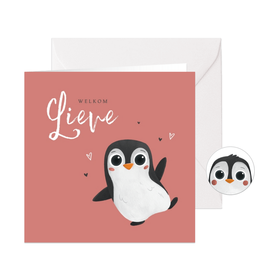 Geboortekaartje meisje pinguin hartjes lief - Kaartimpressie