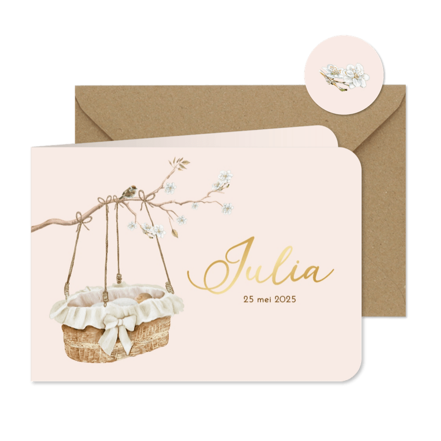 Geboortekaartje meisje rotan mandje aan takje met bloesem - Kaartimpressie