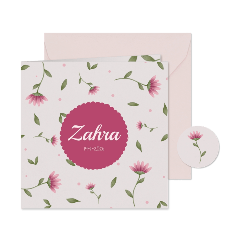 Geboortekaartje meisje roze bloemen  - Kaartimpressie