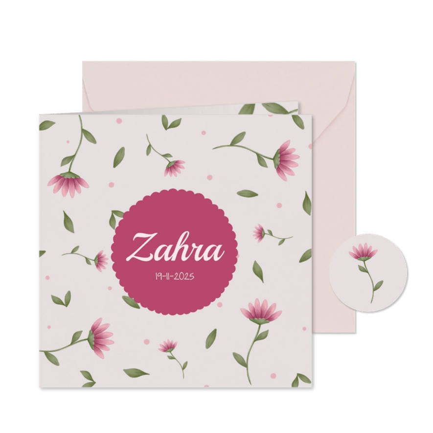 Geboortekaartje meisje roze bloemen - Kaartimpressie