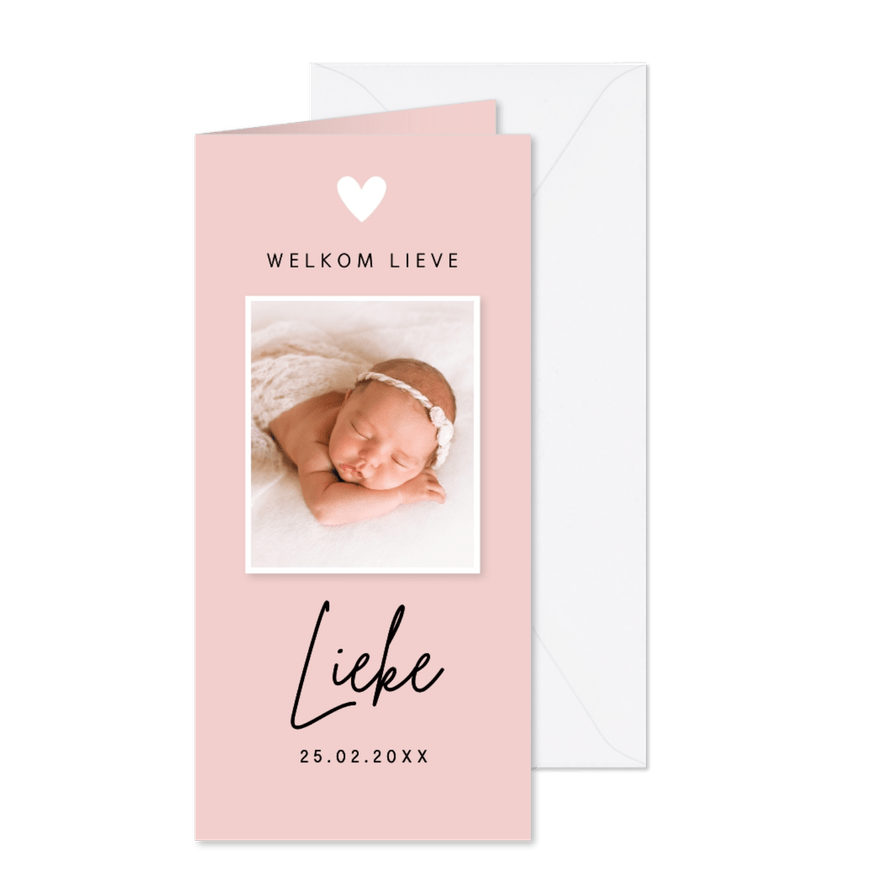 Geboortekaartje meisje roze langwerpig met foto - Kaartimpressie