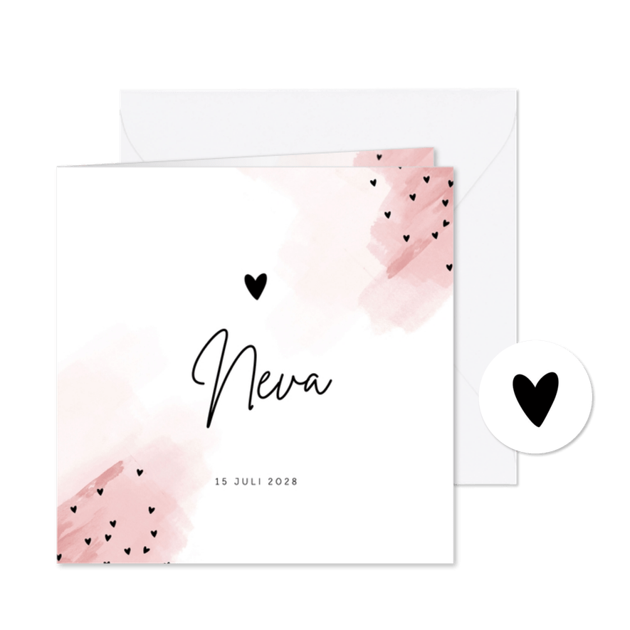 Geboortekaartje meisje roze watercolor hartjes - Kaartimpressie