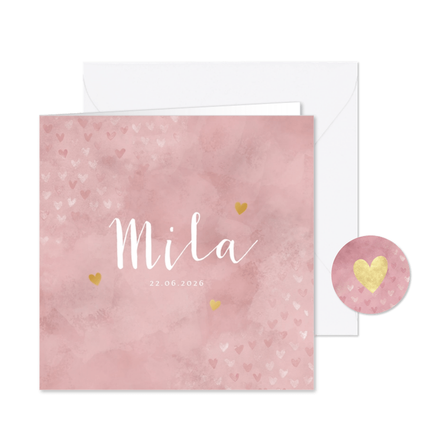 Geboortekaartje meisje roze waterverf en foliedruk hartjes - Kaartimpressie