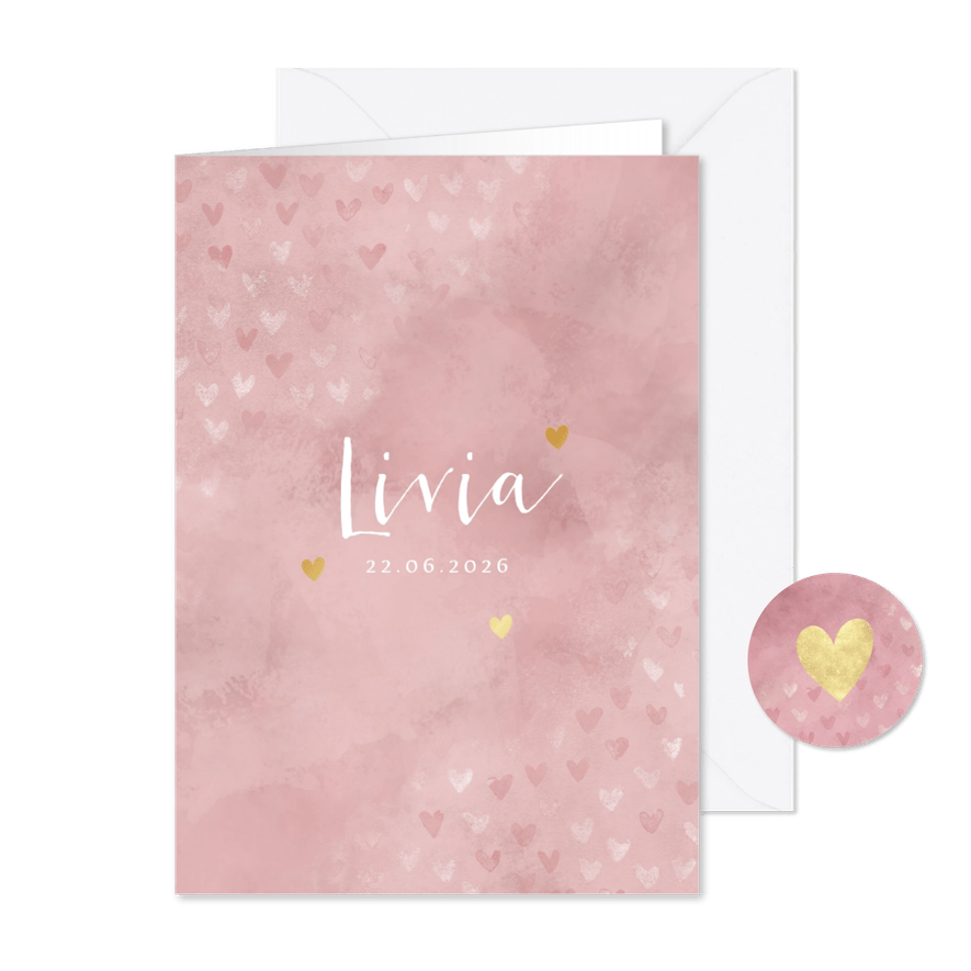 Geboortekaartje meisje roze waterverf met foliedruk hartjes - Kaartimpressie