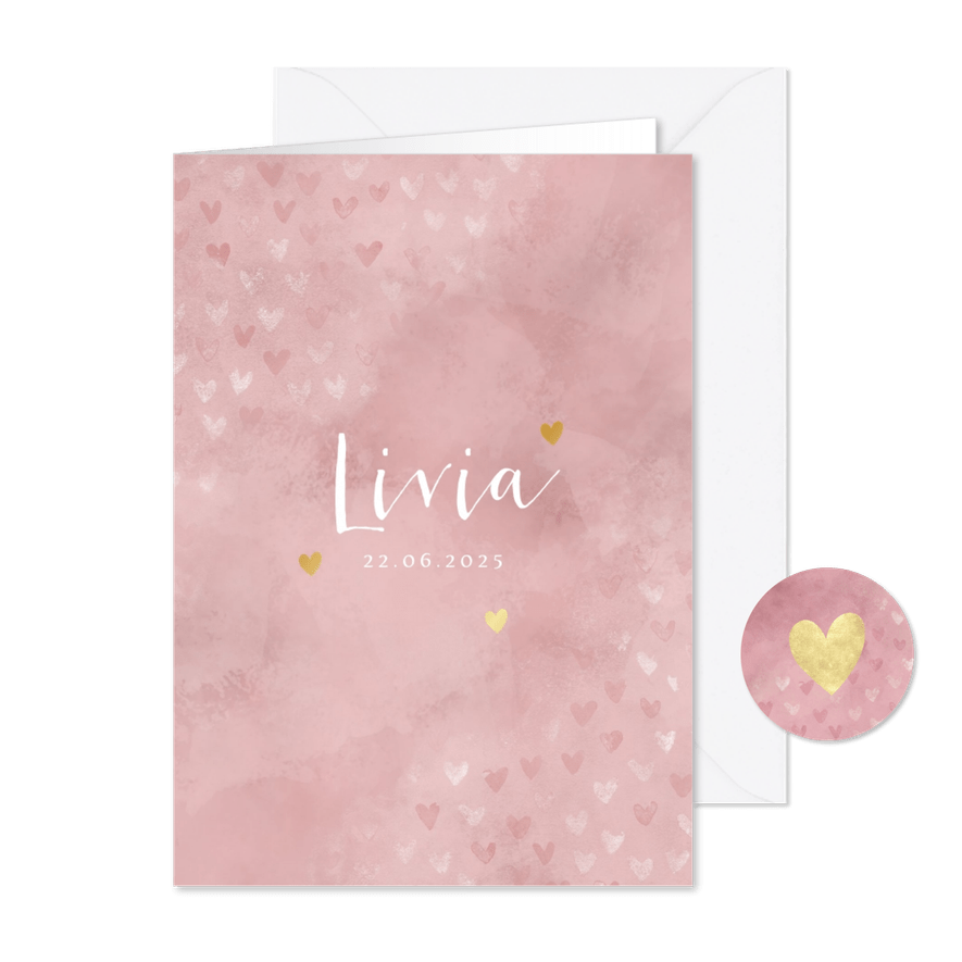 Geboortekaartje meisje roze waterverf met foliedruk hartjes - Kaartimpressie