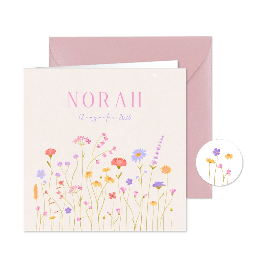 Geboortekaartje meisje sierlijk geïllustreerde wilde bloemen - Kaartimpressie