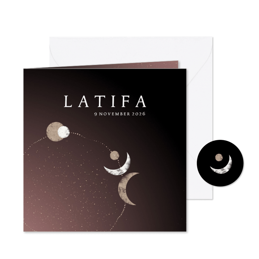 Geboortekaartje meisje stijlvolle cirkel van hemellichamen - Kaartimpressie