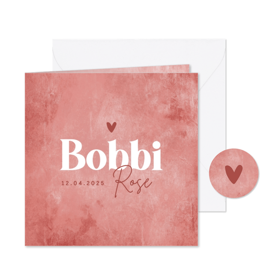 Geboortekaartje meisje stoer betonlook roze hartje - Kaartimpressie