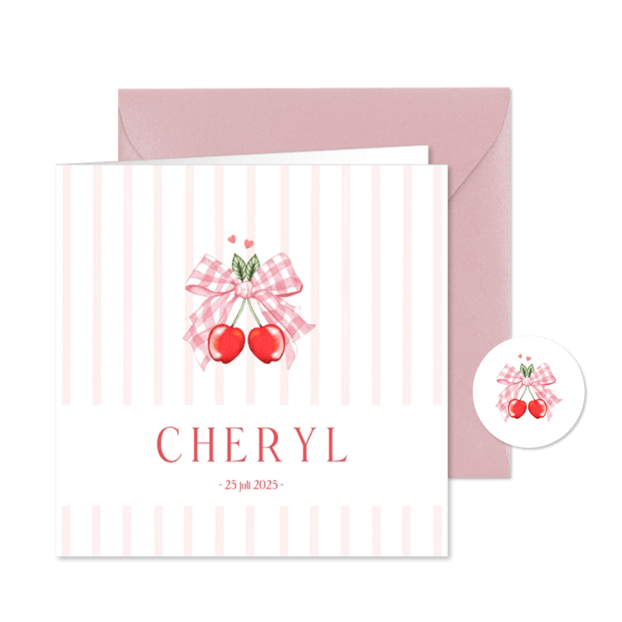 Geboortekaartje meisje strik met kersjes - Kaartimpressie