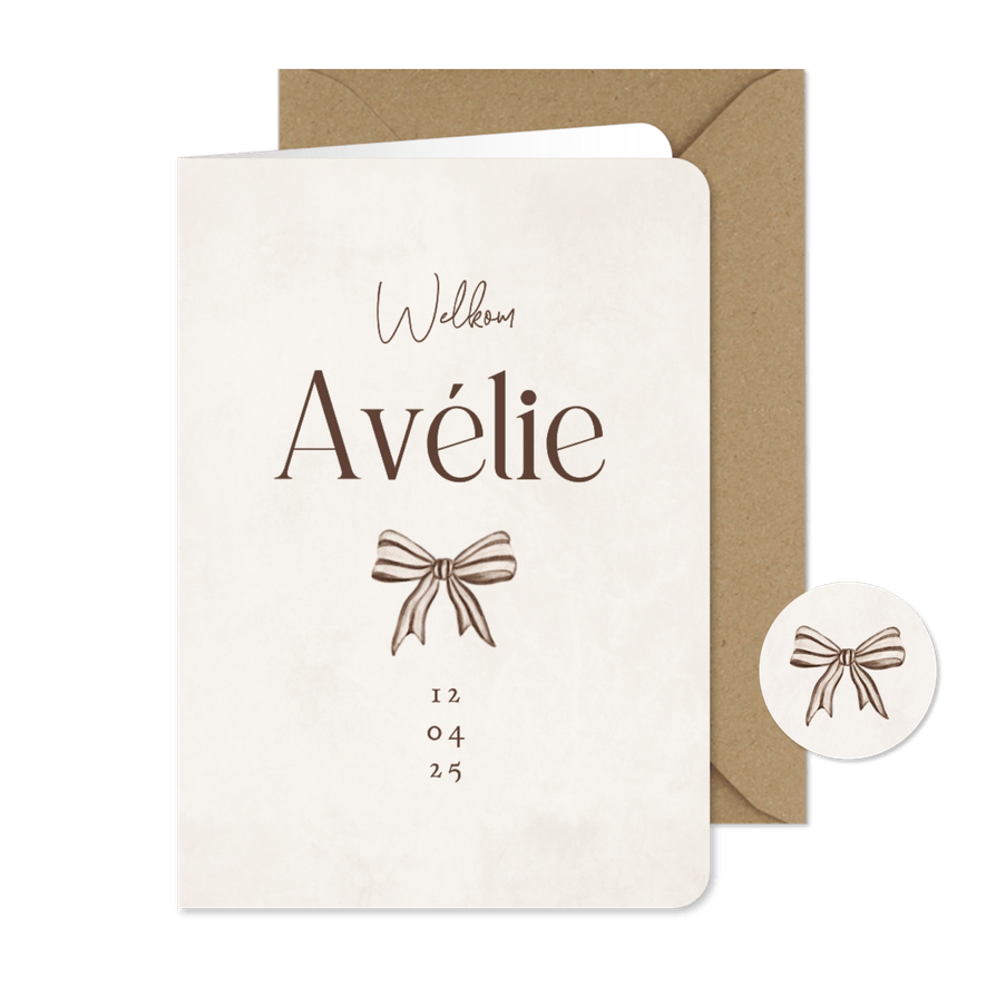 Geboortekaartje meisje strikje streepjes beige vintage - Kaartimpressie