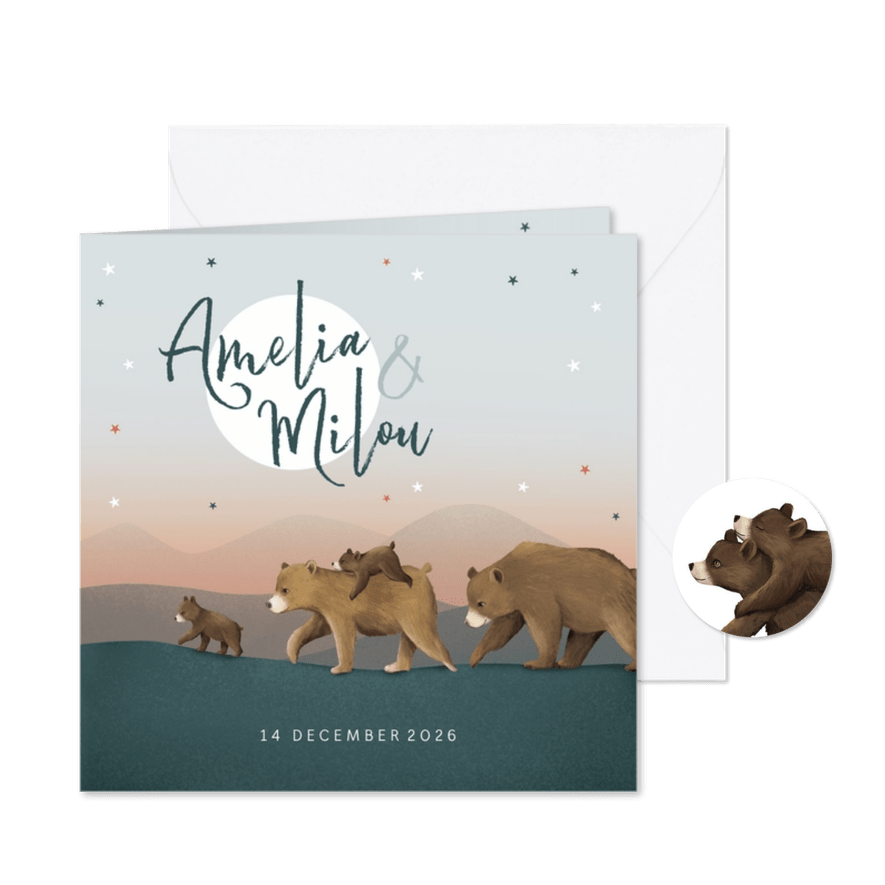 Geboortekaartje meisje tweeling dieren beren familie sterren - Kaartimpressie