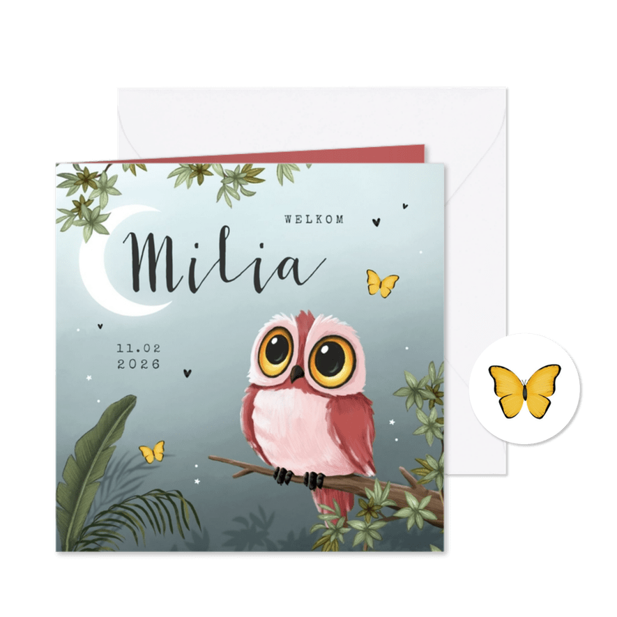 Geboortekaartje meisje uil nachtvlinders jungle boom sterren - Kaartimpressie