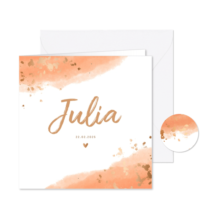 Geboortekaartje meisje waterverf gouden spetters - Kaartimpressie