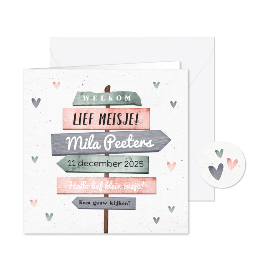 Geboortekaartje meisje wegwijzers hout en hartjes - Kaartimpressie